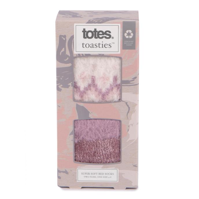 totes toasties® Ladies Fair Isle & Chenille Supersoft Bed Socks (Twin Pack) Fairisle / Dusky Pink Extra Image 6